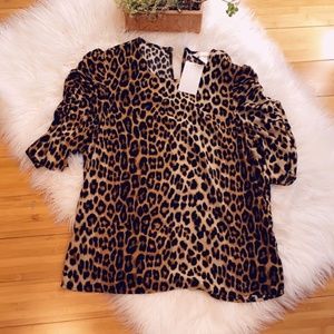H&M Puff Sleeved Blouse Beige/Leopard Print Size S